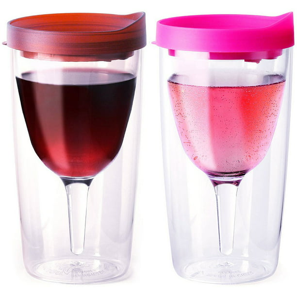 Wine Champagne Tumbler Insulated Double Wall Acrylic Red Lid Drink Cup 10oz 2PK